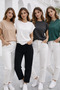 Women's 4-Pack Dark Green-Milky Brown-Anthracite-White Cotton Double Sleeve Detailed Comfortable Fit T-Shirt - 2