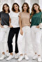 Women's 4-Pack Dark Green-Milky Brown-Anthracite-White Cotton Double Sleeve Detailed Comfortable Fit T-Shirt - 4
