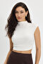 Women's Slim Fit Slim Fit Cotton Stand Collar Zero Sleeve Ecru Crop Blouse