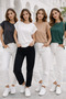 Women's 4-Pack Dark Green-Milky Brown-Anthracite-White Cotton Double Sleeve Detailed Comfortable Fit T-Shirt - 3
