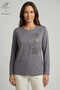 Women's Gray Colorful Floral Leaf Patterned Stoned Slit Lycra Mother Combed Cotton Blouse