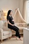 Women's Black Patterned Lace Detailed Maternity 3-Piece Pajama Set - 3