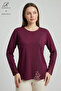 Women's Burgundy Spiral Stripe Patterned Lace Embroidered Stoned Slit Lycra Mother Combed Cotton Blouse