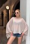 Women's Beige Stone Detailed Transparent Madonna Collar Asymmetric Poncho Blouse
