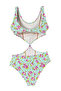 Berthe - Water Green Rose Patterned Cut-Out Knot Detailed Girls' Swimsuit by Nessi Byrd - 2