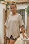Beige Pool Collar Short Sleeve Pocketed Embroidered Asymmetrical Casual Linen Look Oversize Woven Blouse 75 67