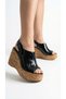 Women's High Straw Look Wedge Heel Sandals Shoes Slippers with Closed Top Buckle Detail