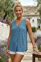Blue V-Neck Sleeveless Embroidered Casual Cotton Woven Blouse 63 52 - 5