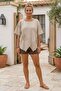Beige Pool Collar Short Sleeve Pocketed Embroidered Asymmetrical Casual Linen Look Oversize Woven Blouse 75 67 - 3