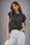 Women's Anthracite Cotton Double Sleeve Detailed Crew Neck T-Shirt - 3