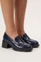 Navy Blue Patent Leather Genuine Leather Women's Heeled Loafer Shoes Real Patent Leather Heeled Moccasin Shoes