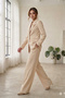Cream Women's Accessory Lined Single Button Blazer Jacket & Fabric Trousers Suit - 3