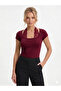 New Product Cotton Textured Women's Lace Detailed Square Neck Short Sleeve Blouse