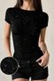 Cris Black Cyrstal Detail Slim Fit Glitter Short Sleeve Full Length Crew Neck Blouse