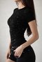 Cris Black Cyrstal Detail Slim Fit Glitter Short Sleeve Full Length Crew Neck Blouse - 2