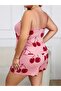 Plus Size Cherry Pattern Thin Strap Shorts Pajama Set - 3