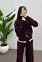 Women's Ecru Stripe Detailed Double Zipper Plum Knitwear Set - 4