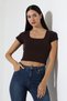 Square Neck Short Sleeve Combed Cotton Compact Lycra Flexible Basic T-Shirt 21069 Brown