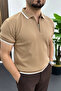 Men's Polo Collar Striped T-Shirt Light Brown Edw472 - 2