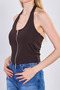 Women's Double Zipper Halter Neck Bodysuit - Bitter Brown - 3