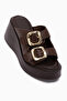 Luna Genuine Leather Brown Double-Strapped Platform Heeled Women's Slippers