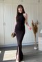 Halter Neck Drape Detailed Slit Maxi Brown Dress - 5