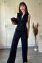 Zippered Belt Detailed Trousers Blouse Navy Blue Set - 6