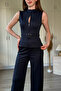 Zippered Belt Detailed Trousers Blouse Navy Blue Set - 3