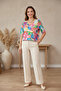 Women's Plus Size Lycra V-Neck Floral Patterned Elastic Short Sleeve Mom T-Shirt Combed Cotton Blouse - 5