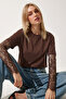 Lace Detailed Oversize Modal T-Shirt Lnt0028 Brown