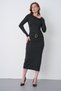 Women's Black Long Sleeve Slit Midi Dress Stylish Evening Dress with Waist Detail and Accessories 77163 - 8