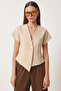 Asymmetric Gold Buttoned Woven Blouse Lzh0024 Cream