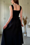 Square Neck Flared Midi Black Dress with Scarf Detail on the Back - 8