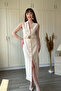 Belted V-Neck Buttoned Midi Beige Dress - 2