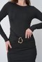 Women's Black Long Sleeve Slit Midi Dress Stylish Evening Dress with Waist Detail and Accessories 77163 - 5