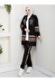 Women's 3-Piece Hooded Tracksuit Set Two-Thread Cotton Patterned Sports Suit - N-05487 _ Black