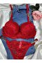 Women's Red Chain-Detachted Lace Padded Supported Push up Bra Set - 4