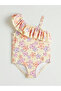 One-Shoulder Floral Patterned Girl's Swimsuit with Ruffle Detail