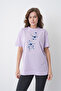 Blue Floral Printed Women's Cotton Combed Lilac T-Shirt - 3