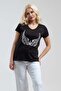 Women's Black Silver Sequin Embroidered Angel Wing Pattern V-Neck T-Shirt - 2
