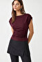 Burgundy Draped Boat Neck 97% Cotton Blouse - 2