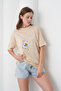 White Daisy Printed Women's Cotton Jersey Navy Blue T-Shirt - 4