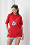 White Daisy Printed Women's Cotton Combed Red T-Shirt - 4