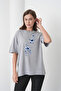 Blue Floral Printed Women's Cotton Combed Gray T-Shirt - 3