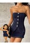 Women's Navy Blue Strapless Woven Fabric Blouse Skirt Set Buttoned Bustier Mini Skirt Stylish Combination - 2