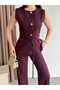 Round Neck Buttoned Belt Accessories Included Lined Vest Set Front Pleated Pocketed High Waist Trouser Suit - 5