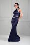 Women's Halter Neck Lined Long Satin Dress with Stone Detail - 3