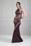 Women's Halter Neck Lined Long Satin Dress with Stone Detail