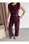 Round Neck Buttoned Belt Accessories Included Lined Vest Set Front Pleated Pocketed High Waist Trouser Suit - 7