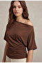 Women's Brown Off-Shoulder Boat Neck Side Gathered Short Sleeve Viscose Elastane Blouse